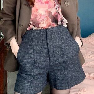 Zara Navy Women's high waisted coated tweed shorts M